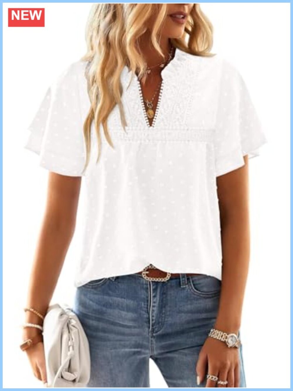 Women's Boho V-Neck Ruffle Short Sleeve Blouse with Lace Hem